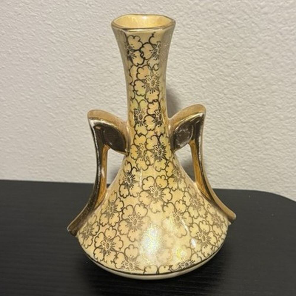Kass Iridescent Yellow & Gold Flower Bud Vase Vintage Art Deco Style USA